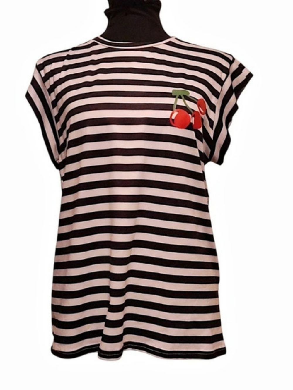 Striped Cherry Short Sleeve Top in White & Black